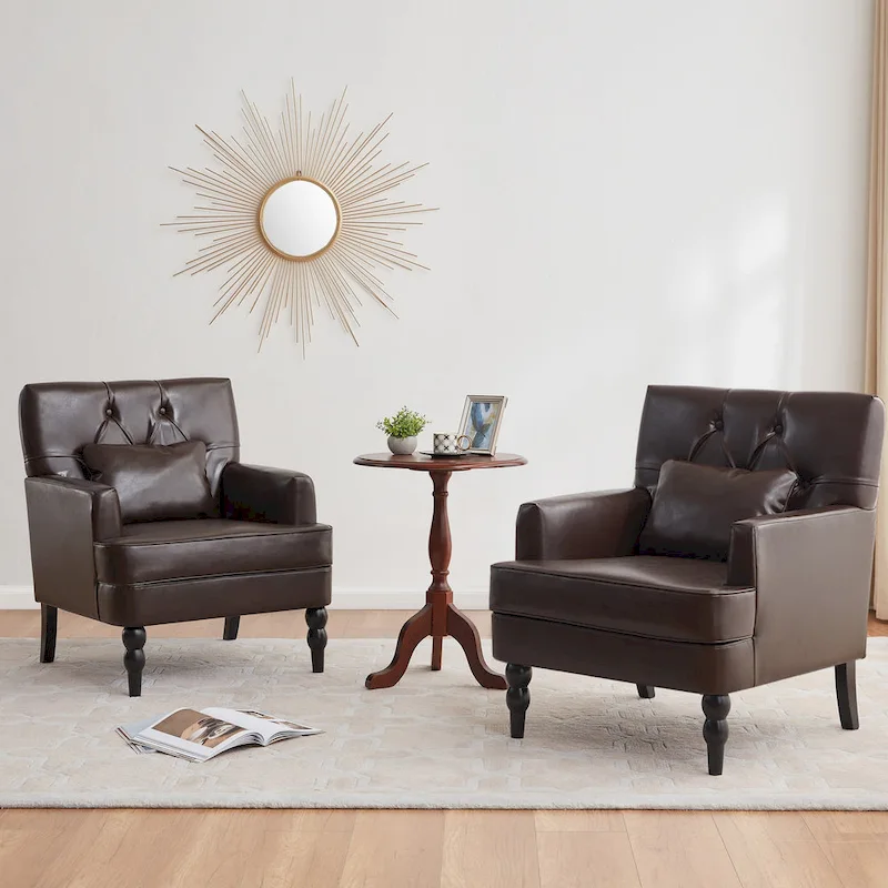 HUIMO Arm Chair Upholstered Button Tufted Accent Chair with Lumbar Pillow Beige/ Grey/ Light Blue/Brown