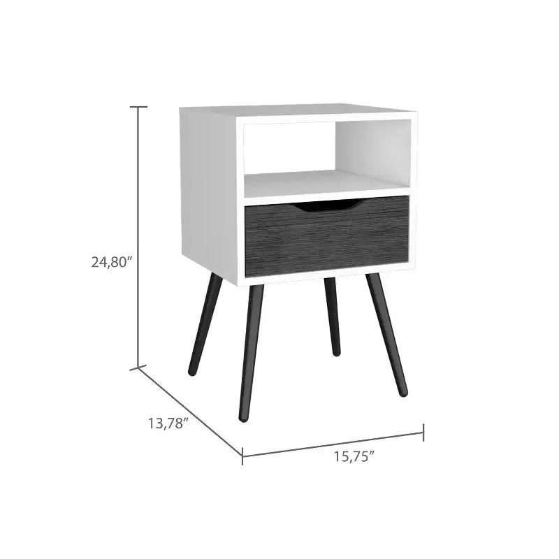 Modern Nightstand with Open Shelf and Single Drawer, Smokey Oak / White Finish