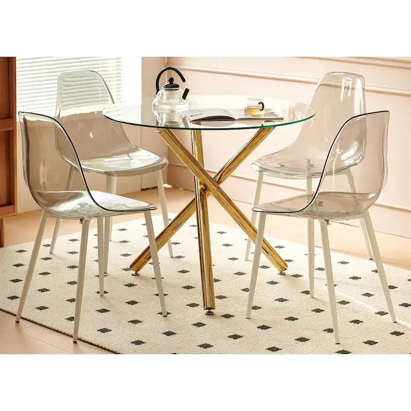 Modern 5-Piece Dining with Round Glass Metal Pedestal Table & 4 Transparent Chairs
