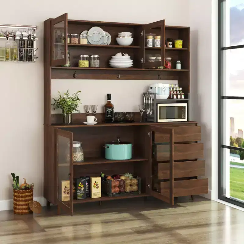 Large Kitchen Hutch Cabinet, Freestanding Pantry with 4 Drawers & 4 Doors, Walnut Finish