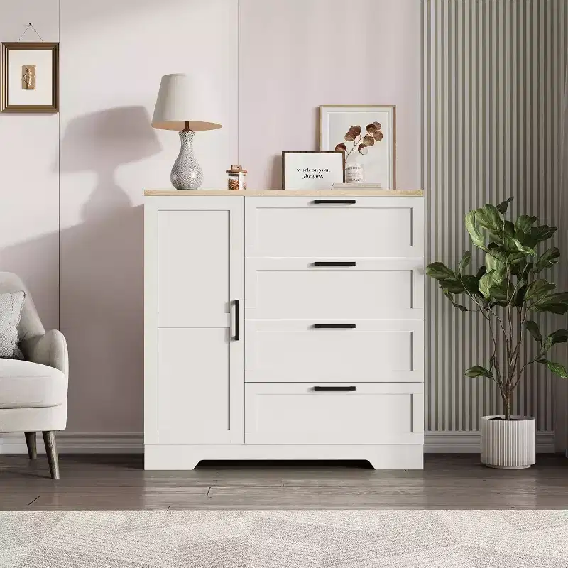 Acekool Wood Armoire Wardrobe Closet, 43.3 Bedroom Cabinet with 4 Drawers, Door & Hanging Rod Storage Organizer