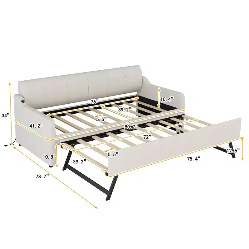 Bellemave Twin Upholstery Daybed with Trundle and USB Charging Design,Upholstered Daybed Frame for Living Room,Trundle can be Flat or Erected,Beige