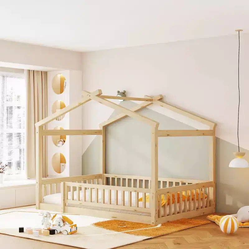 Full Size Montessori Floor Bed, Wood House Bed Frame, House Bed for Kids, Montessori Bed with Fence, Playhouse for Kids,Natural