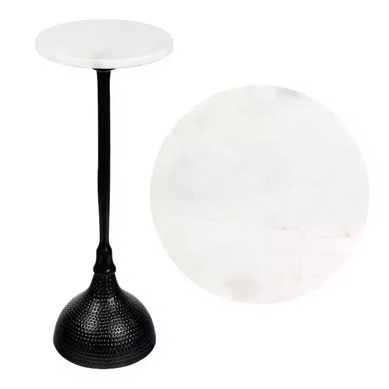 JONATHAN Y Ava 23.75 Art Deco Contemporary Metal Pedestal Drink Table & Decorative End Table with White Marble Round Top & Hammered Base