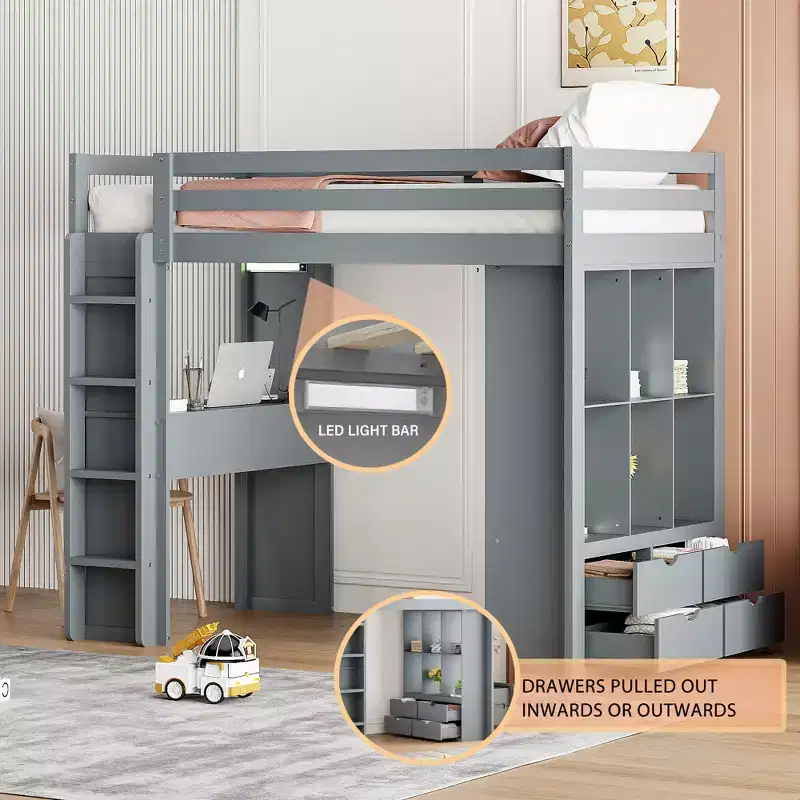 Twin/Full Size Loft Bed with Large Shelves, Writing Desk and LED Light