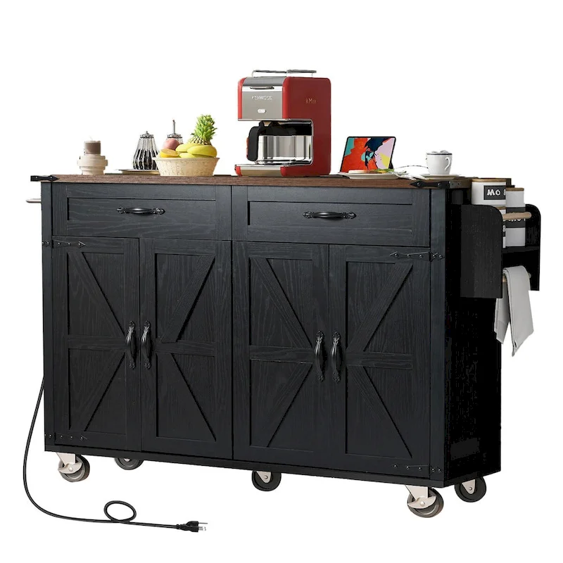 53.5 Farmhouse Kitchen Island Cart with Power Outlet, Drop Leaf, Spice Rack, and 2 Drawers, 5 Wheels