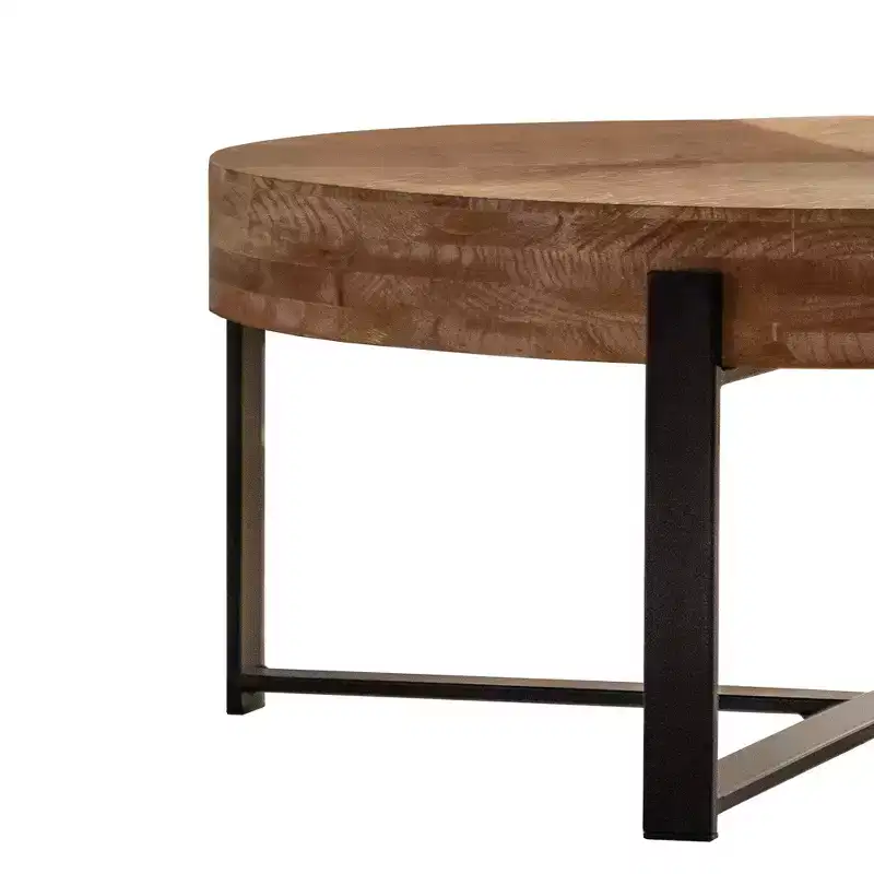 Okak Round Coffee Table with Wood Top and Black/Gold Cross Metal Legs Retro Accent for Living Room