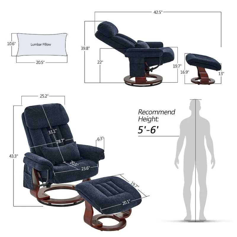 MCombo Swivel Recliner with Ottoman, Leisure Office Chair, Ergonomic Lounge chair, Chenille Fabric 4687