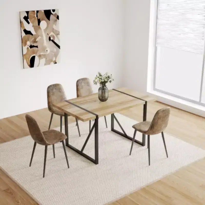 Modern Rustic Industrial Dining Table (4-6), 1.5 Thick MDF Wood, Black Metal Legs, Multi-purpose.