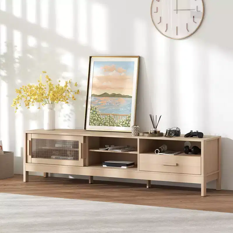 Bestier Modern TV Stand with Sliding Acrylic Door, Large Storage Drawer & Adjustable Shelves for 75 TVs