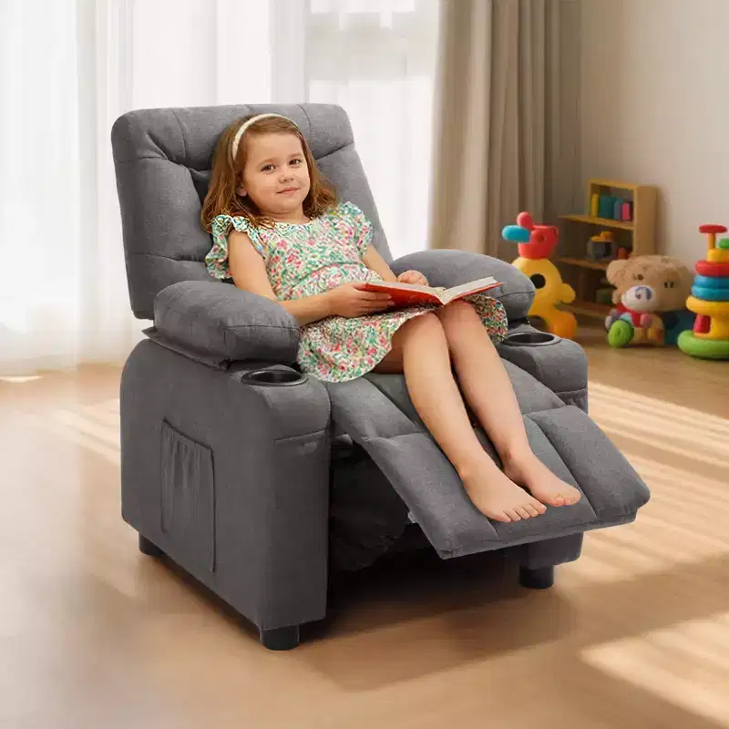 VEVOR Kids Reclining Chair, Toddler Recliner with Cup Holders and Pockets, 107 to 126 Adjustable Backrest, Breathable Polyester Fabric, Gray