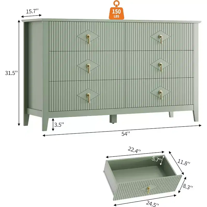 Bedroom Dressing Table with 6 Drawers, 54 Wide Modern Chest of Drawers with Metal Handles, Wooden Storage Cabinet for Bedroom, Living Room, Hallway