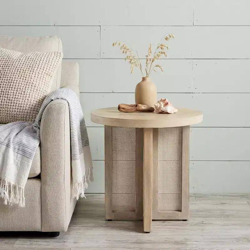 HomeRoots 22 Natural Solid Wood And Rattan Round End Table