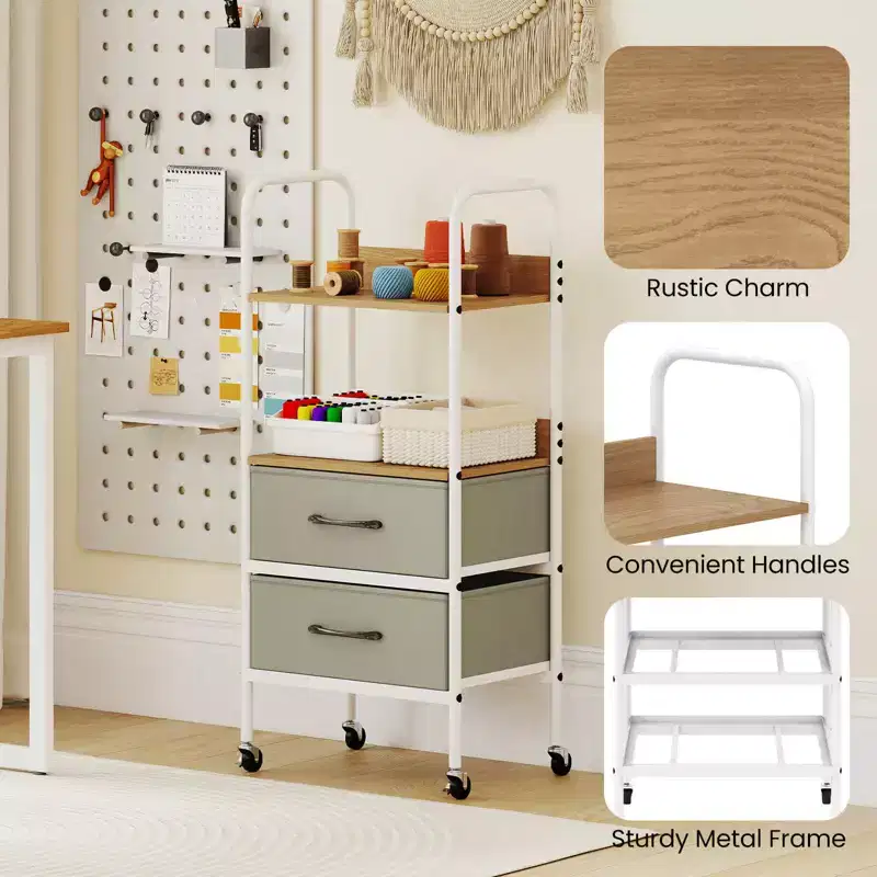 Rolling Utility Storage Cart with 2 Open Shelves and 2 Fabric Drawers for Bedroom