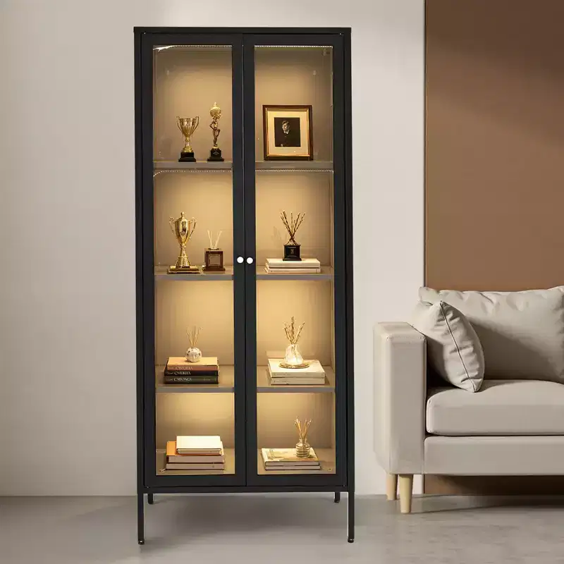 VEVOR Display Cabinet with Glass Door, 66 in Tall 4-Tier Lighted Display Case with 3 Lights, Metal Storage Cabinet 3 Shelves, Black