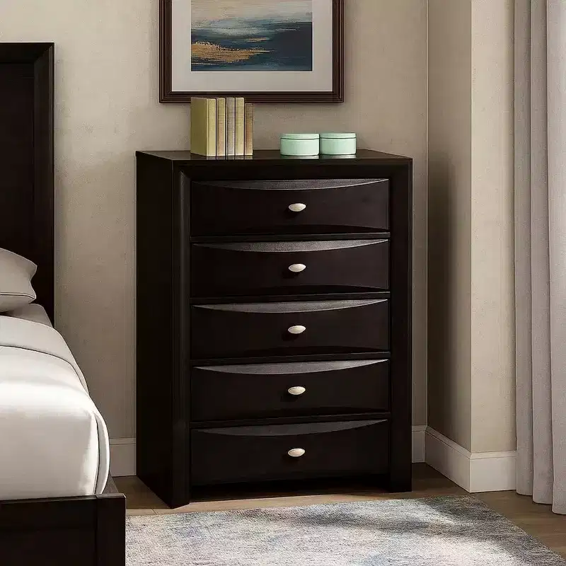 Tall Dresser Chest, 5 Drawers, Chrome Handles, Modern Black Wood