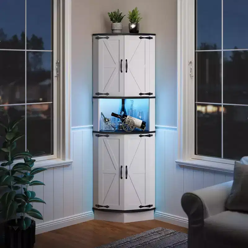65 Farmhouse Corner Cabinet with LED Light, Freestanding Display Storage Cabinet with Barn Door, 5 Tier Shelves and USB Ports & Outlets