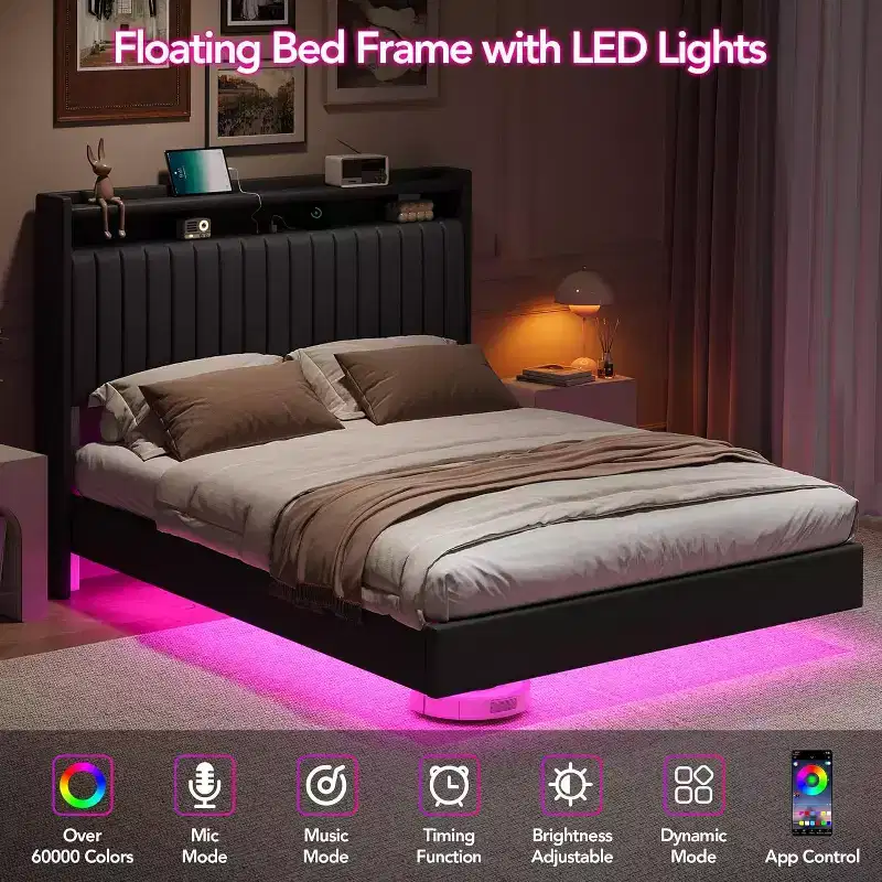 Full Floating Bed Frame with USB Charging Station, Upholstered Platform Bed with Headboard Storage and Soft LED Lighting