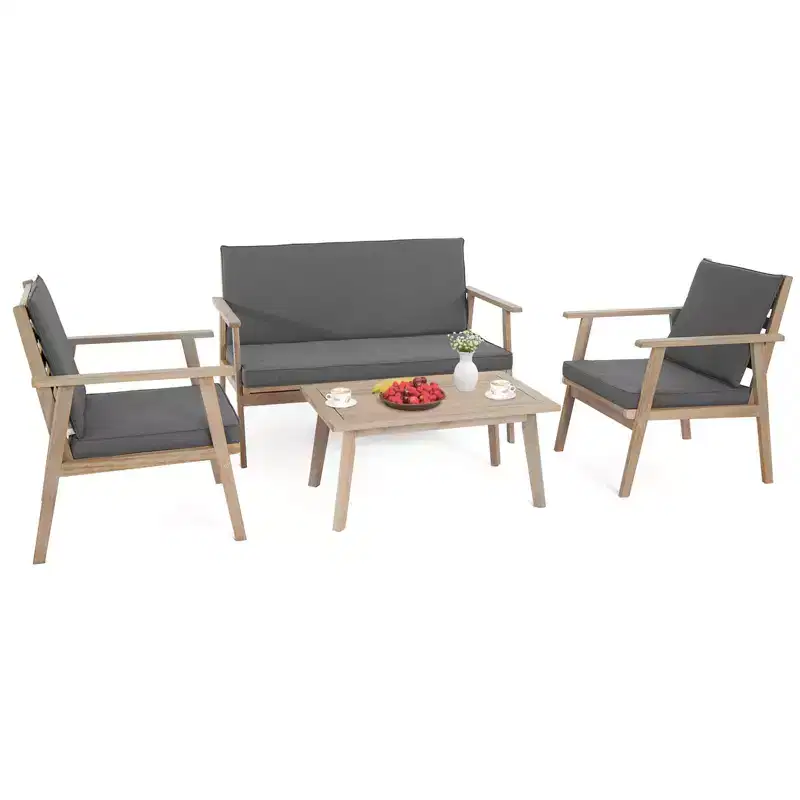 4-Piece Acacia Wood Patio Conversation Set with Grey Cushions