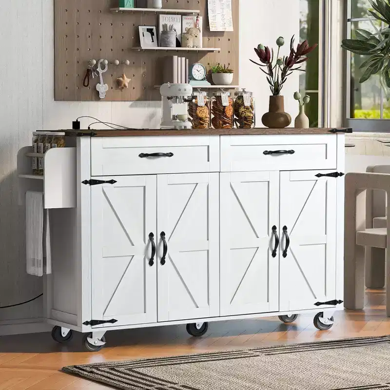 Okak Kitchen Island with Power Outlet and Drop Leaf, Kitchen Island Table with Spice Rack, Doors and Drawers, Rolling Kitchen Island for Home