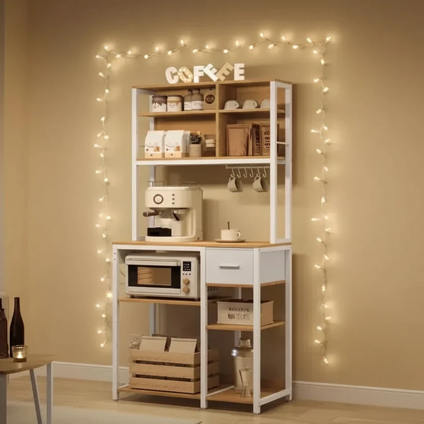 Bakers Rack with Charging Station, Coffee Bar with Adjustable Storage Shelves, Fabric Drawer, 12 Hooks, 15.7