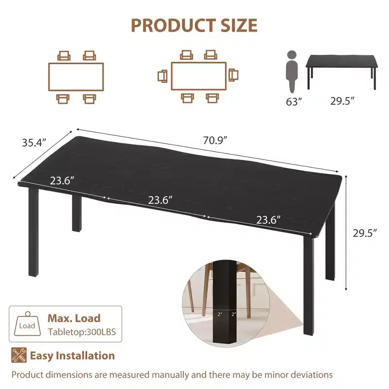 Dining Table for 6-8 People, Rustic Wave Irregular Edge Table with Thick MDF Top & Metal Frame, Waterproof Scratch-Resistant