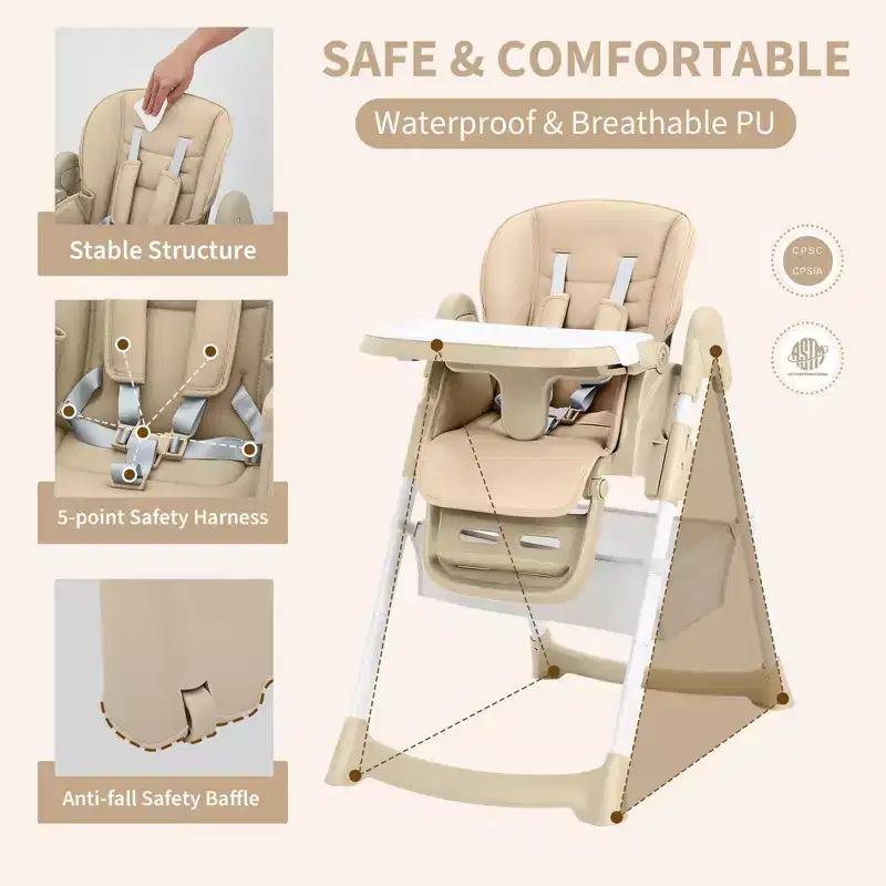 Foldable High Chair for Babies&Toddlers,PU Leather Highchair with Adjustable Backrest,Seat Height,Removable Tray,5-Point Safety Harness&Locking Wheels