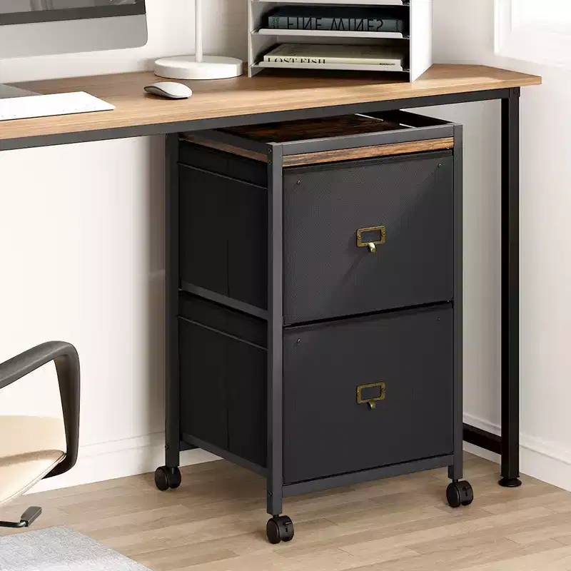 2 Drawer File Cabinet, Fabric Vertical File Cabinet with Wheels, Cabinet for Home Office Fits A4 or Letter Size, Small Under Desk Storage Cabinet