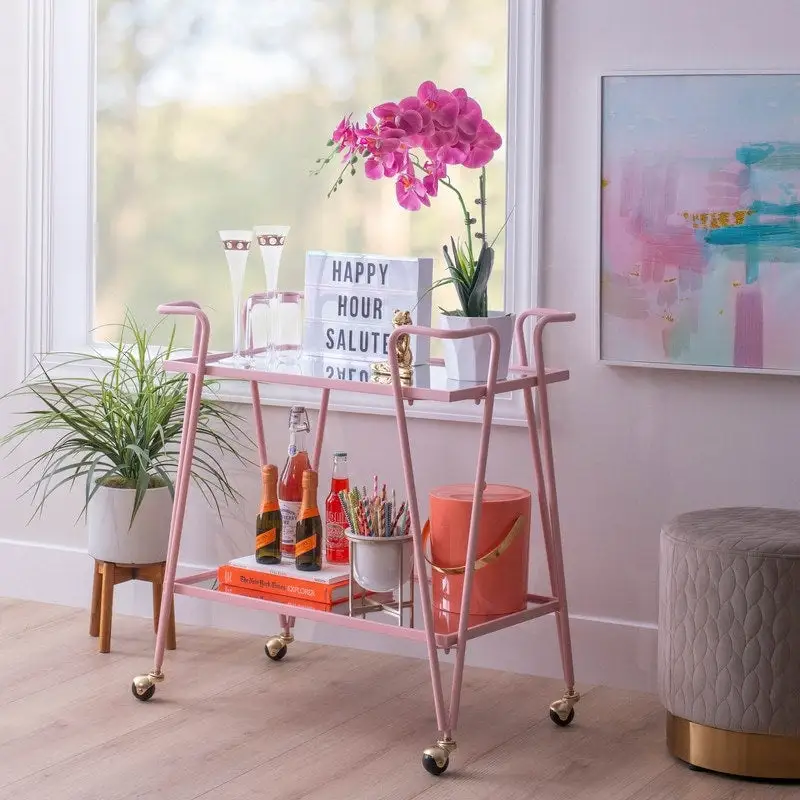 Mid-Century 2-Tier Rolling Metal Bar Cart with Mirrored Shelves