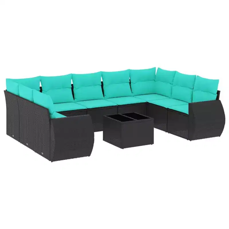 vidaXL 10 Piece Patio Sofa Set with Cushions Black Poly Rattan