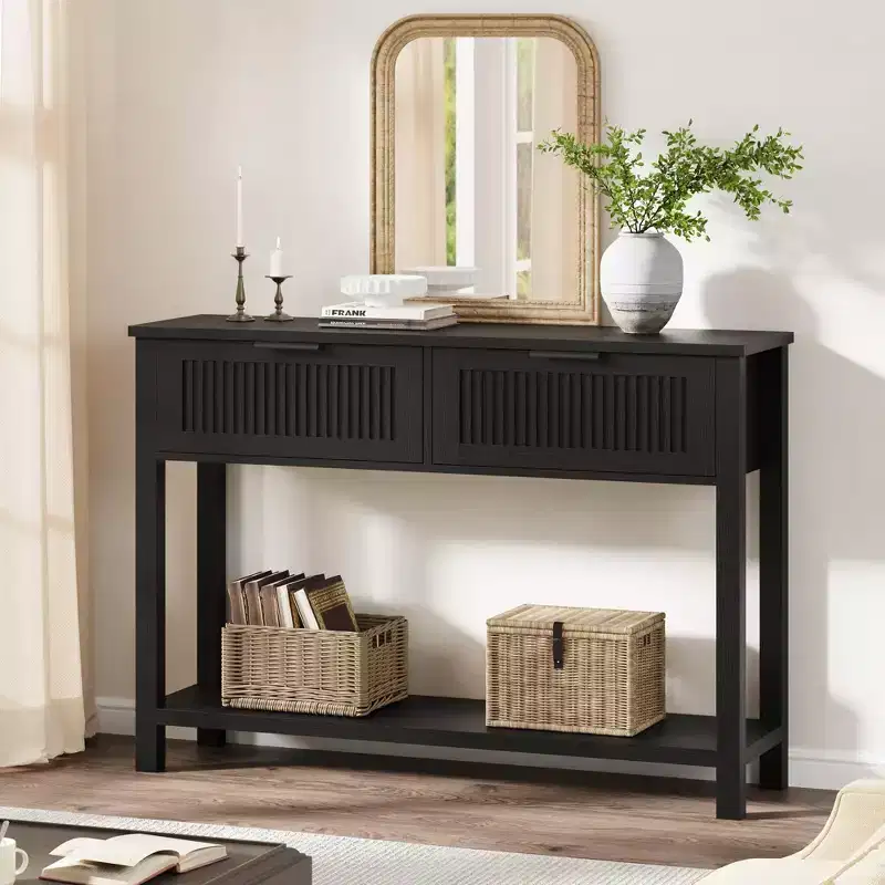 COZONY 43 Fluted Console Table with Burlywood 2 Drawers, 2-Tier Wooden Entryway Sofa Table