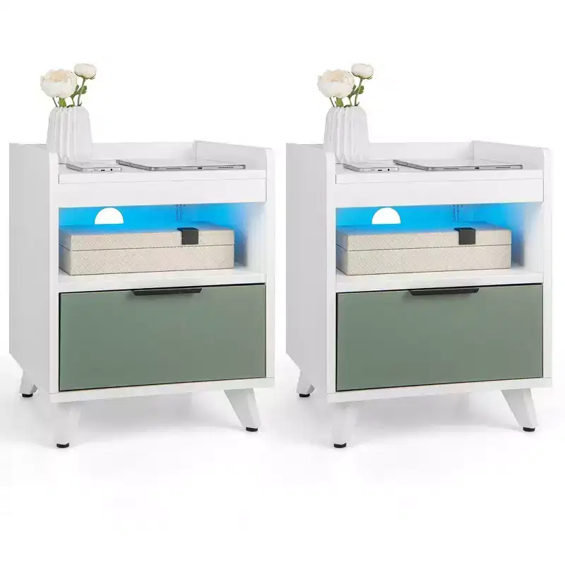 Costway 2PCS Nightstand Modern Beside End Table w/ LED Lights Open Compartment & Drawer