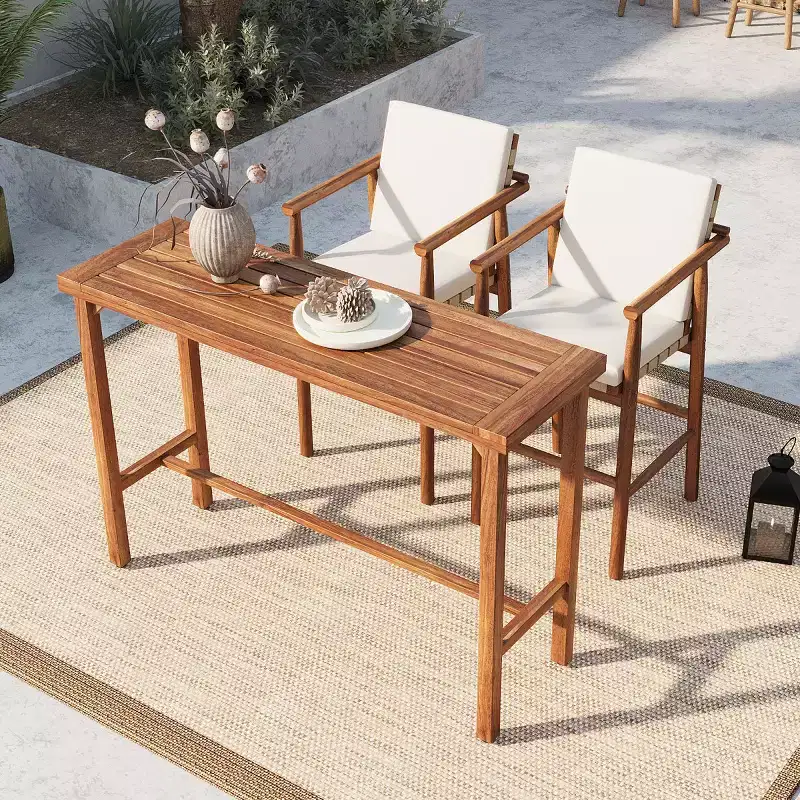 3-Piece Outdoor Counter Height Bar Dining Sets, Acacia Wood Patio Table & 2 Cushioned Stools for Backyard, Poolside, Balcony-Panipeachy