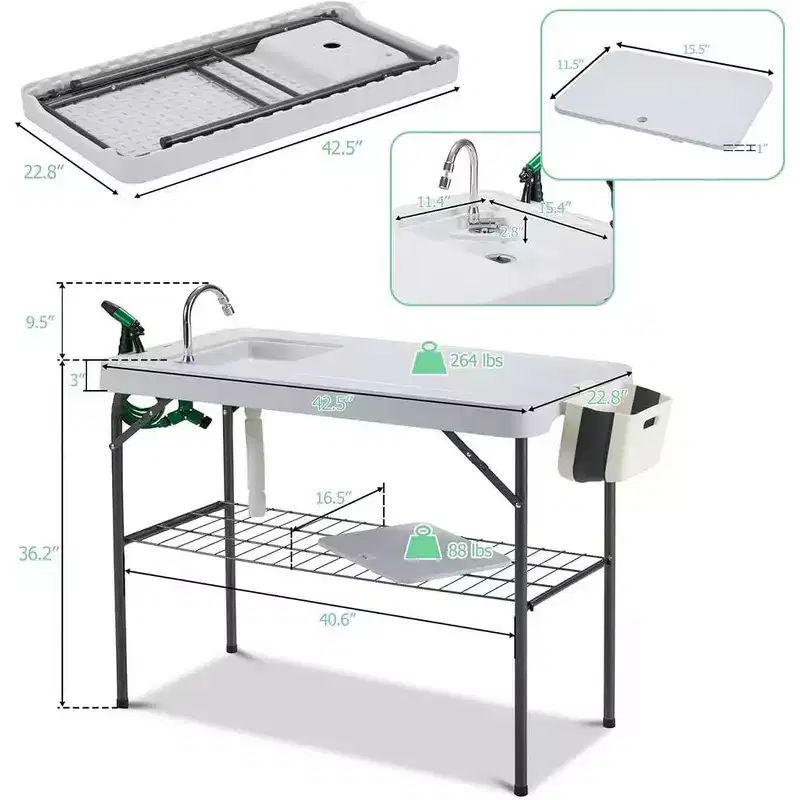 Folding Fish Cleaning Table with Sink, Outdoor Fillet Station Portable Camping Station with Faucet Drainage Hose