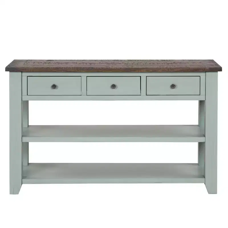 48'' Solid Wood Top Console Table with 3 Storage Drawers and 2 Shelves, Retro Blue and Brown Top