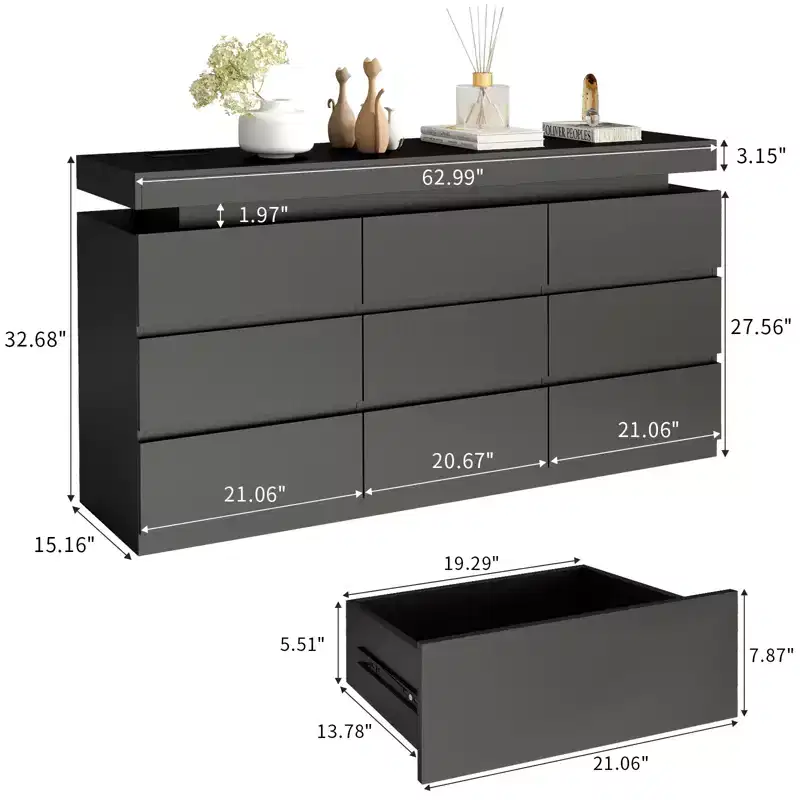 Dyonery 9-Drawer Dresser with Power Outlet and LED Light, 3-Tier Modern Storage Chest with Ample Capacity & Smooth Glides for Bedrooms