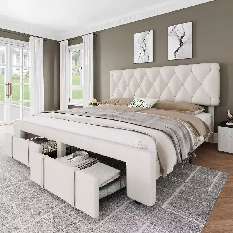 Full Upholstered Platform Bed Frame with 2 Storage Drawers – Wood Slat Support, Beige