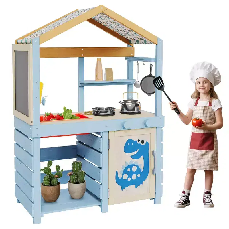 Mud Kitchen for Kids Outdoor, Wooden Play Kitchen with Canopy, Faucet, Sink, Chalkboard, Hanging Hooks, Gifts for Boys and Girls Ages 3+