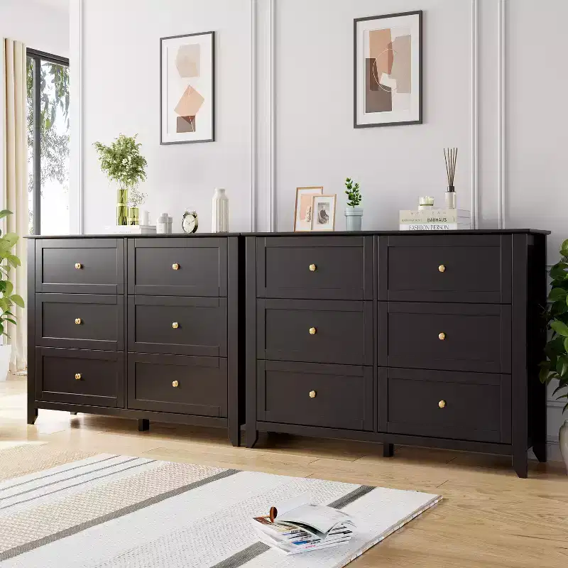6 Drawer Dresser for Bedroom, 54 Wide Wooden Dressers with Large Storage,Handleless Chest of Drawers TV Stand for Living Room & Hallway, Set of 2