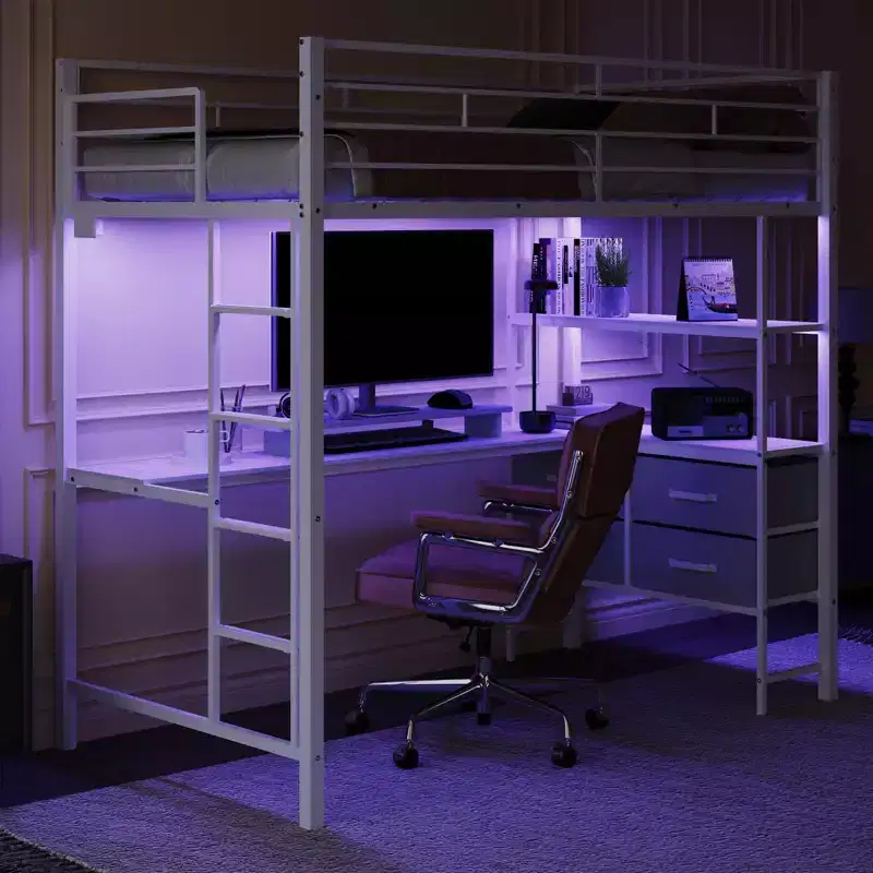VINGLI Twin Loft Bed with 15 Inches Guardrail/ Desk/Flat Rungs/LED/2 Charging Stations/Storage Shelves/Dresser, Heavy Duty Metal Support Slat, White