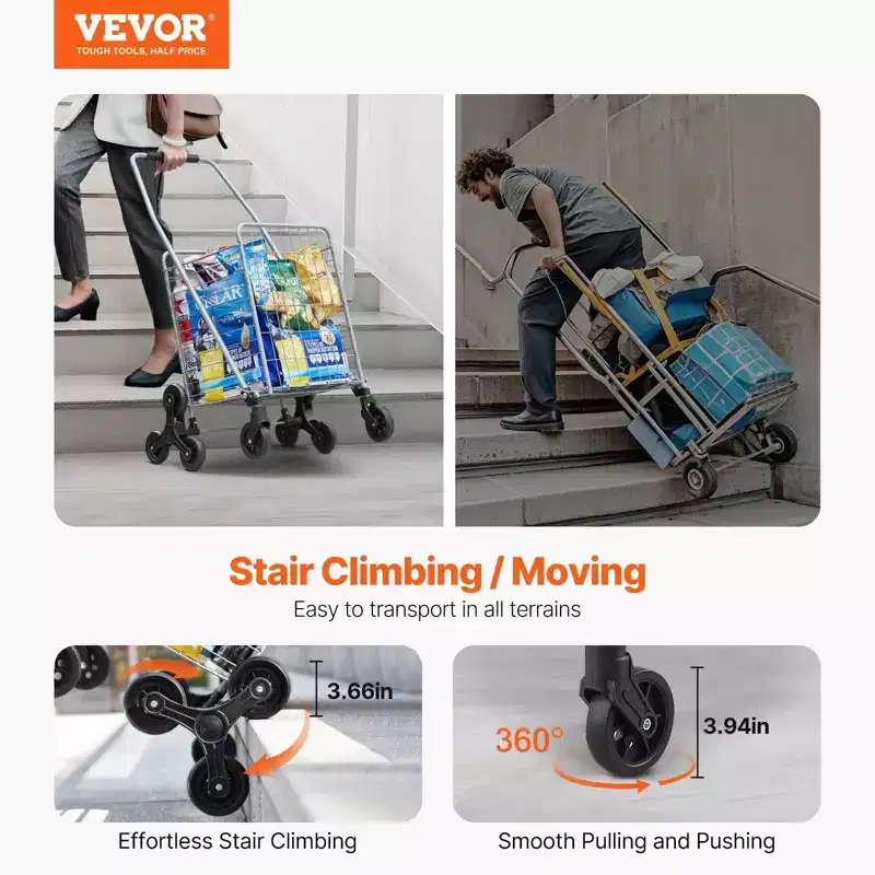 45L Stair Climbing Storage Cart, 360 Swivel & Tri-Wheels, Foldable Lightweight Utility Cart for Laundry Travel, Silver