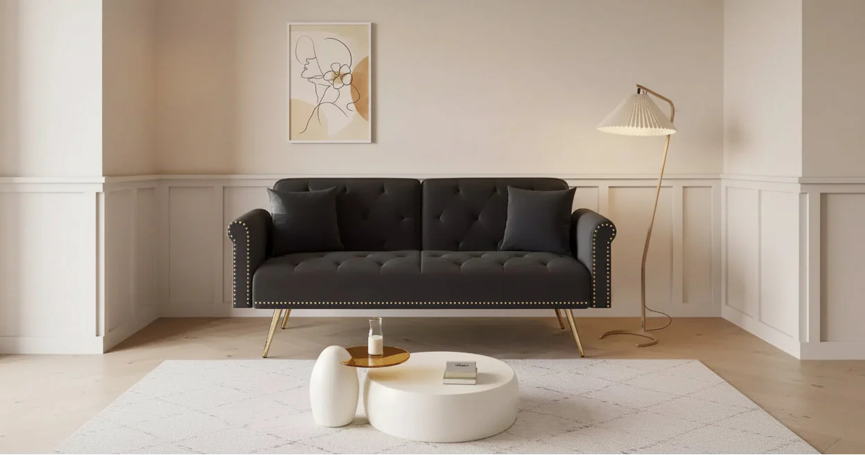 Black Velvet Fabric Sofa with Nail Head Trim and Matching Throw Pillow