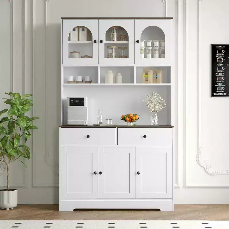 Farmhouse Kitchen Pantry Cabinet, 71 Tall Freestanding Hutch with Open Shelves and Countertop for Kitchen or Dining Room