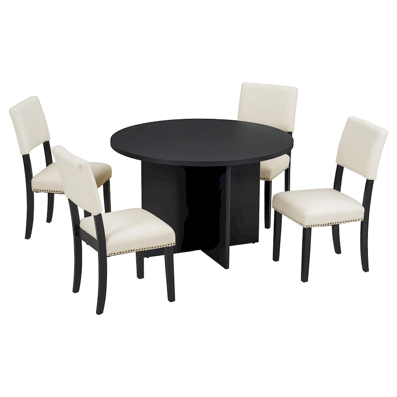 Sakin Modern 5-Piece Round Dining Table Set with Pedestal Base and Upholstered Chairs by GDFStudio