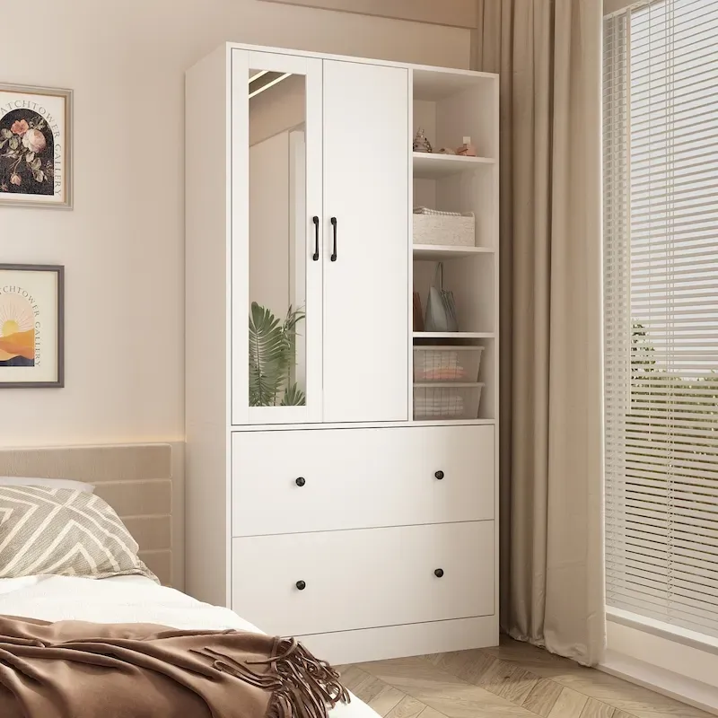 Wardrobe Clo Armoire wi/Mirror & Scalable Hanging Rod Space Saving