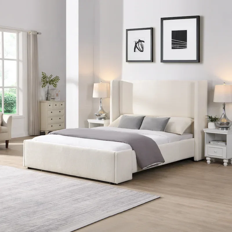 '- Isabella Queen White Fabric Upholstered Bed with Tall Wingback Headboard