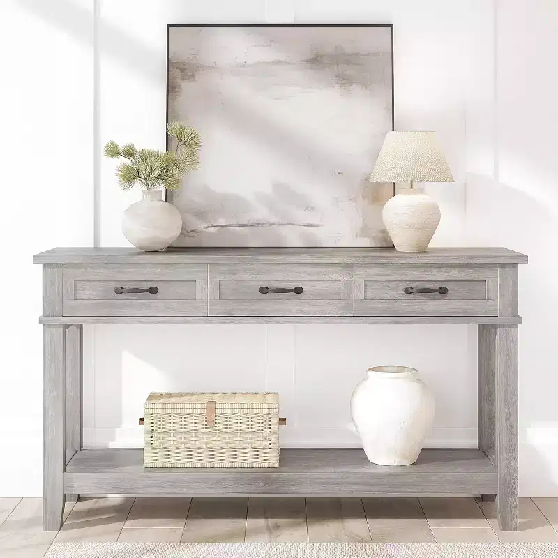 Farmhouse Entryway Table, 3 Tier Console Table with 3 Storage Drawers, 54 Wooden Sofa Table for Entryway Living Room,Hallway Table