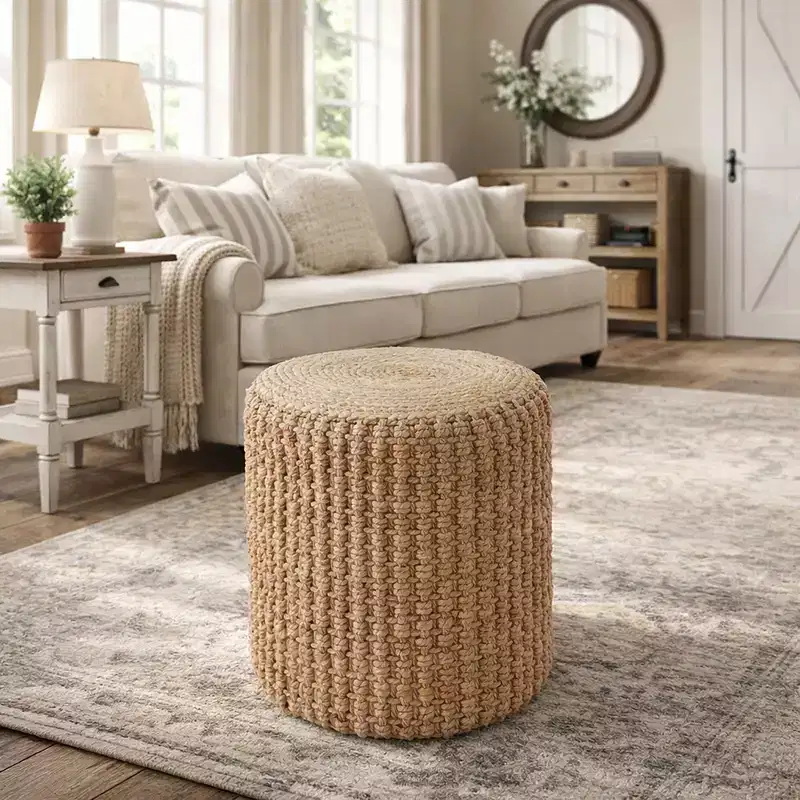 Casafield Handwoven Seagrass Pouf Ottoman, Decorative Indoor Boho Home Accent for Living Room