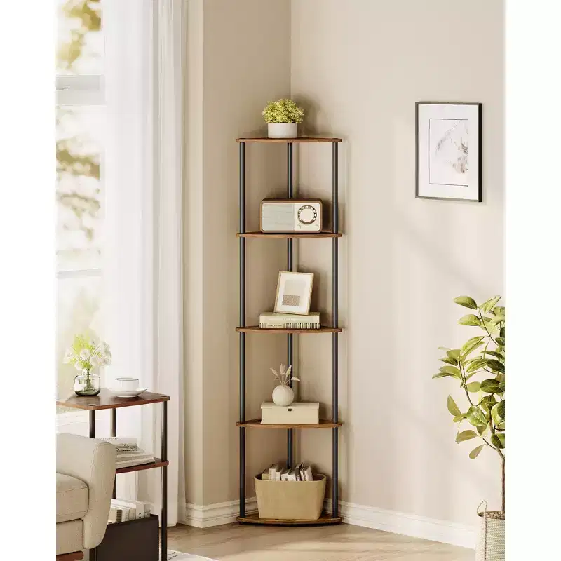 5-Tier Corner Shelf with Toolless Assembly & Anti-Tip Kit, Rustic Brown, 15x10.6x54.7in