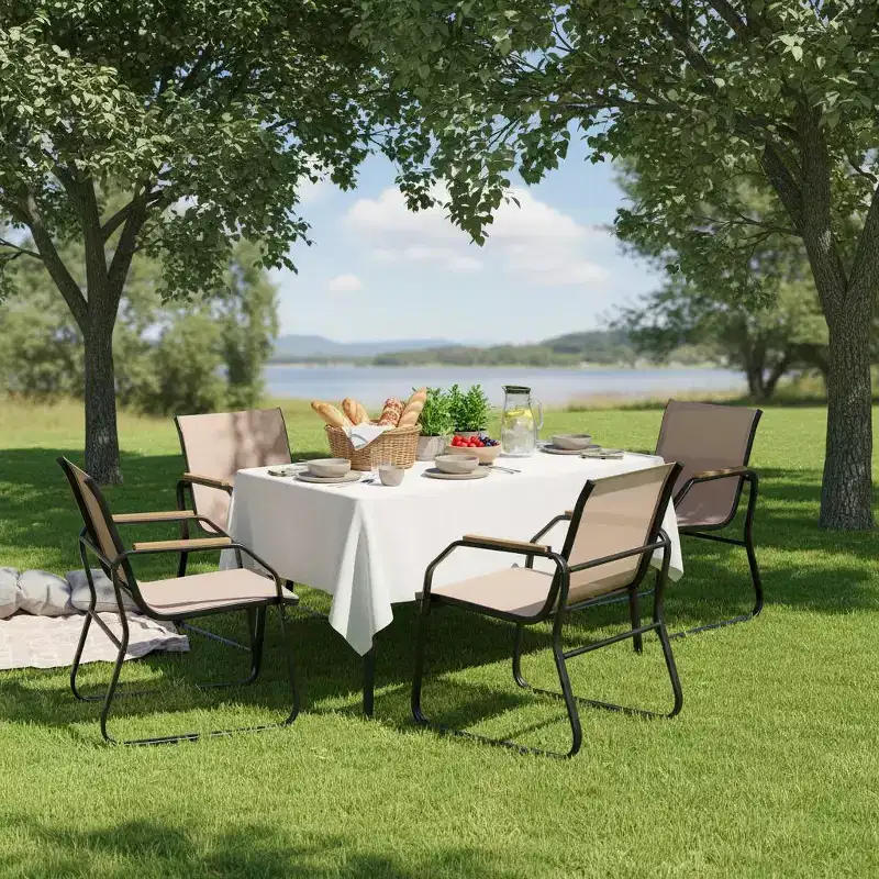Gymax 5-Piece Patio Dining Set w/ Wood-Look Armrests Durable Metal Frame & DPC Tabletop